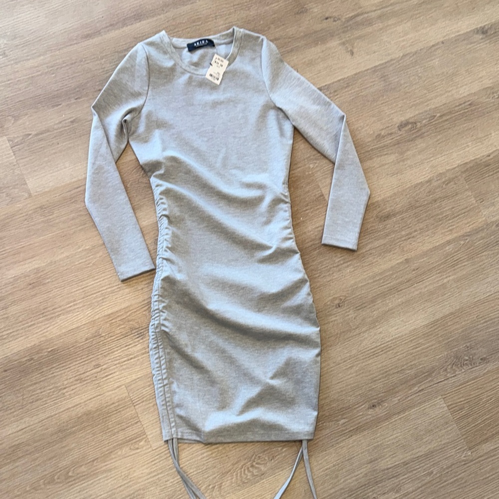 AKIRA Long Sleeve Body-con Fitted Ruched Adjustable Side Tie Dress New NWT